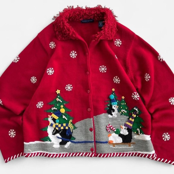 Karen Scott Sweaters - Vintage Karen Scott Red Knit Embroidered Christmas Penguin Ugly Sweater Cardigan